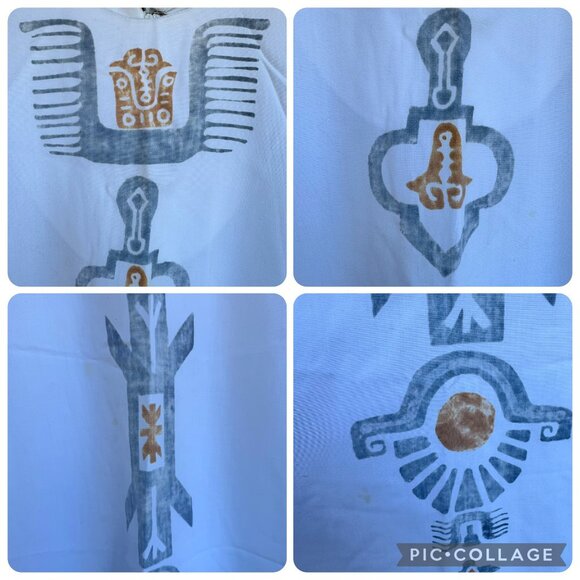 Maxi Dress Cultural Ethnic Native Print 3/4 Sleeves White Gray Back Zip Vtg 60s - Picture 5 of 16